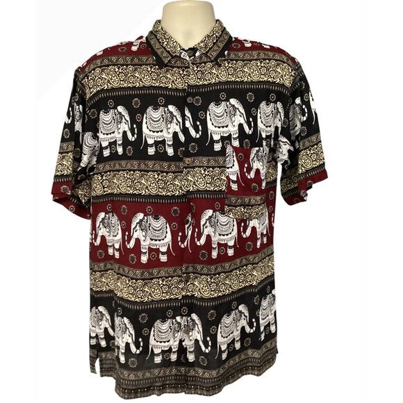 All Over Elephant Graphic Print Mens Button Up Camp Shirt Large Pocket Cotton - Picture 1 of 6